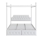 Cama de plataforma con dosel de metal moderna tamaño Queen con cabecero tapizado y 2 cajones, blanco