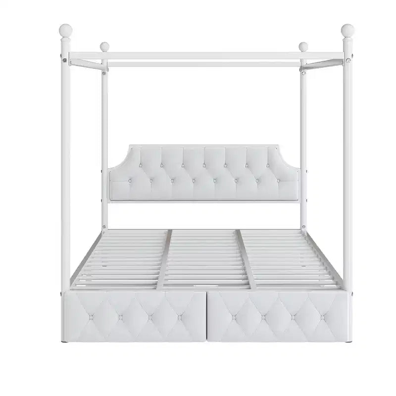 Cama de plataforma con dosel de metal moderna tamaño Queen con cabecero tapizado y 2 cajones, blanco
