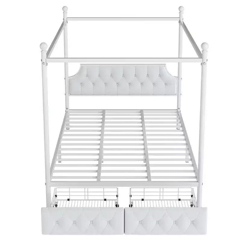 Cama de plataforma con dosel de metal moderna tamaño Queen con cabecero tapizado y 2 cajones, blanco