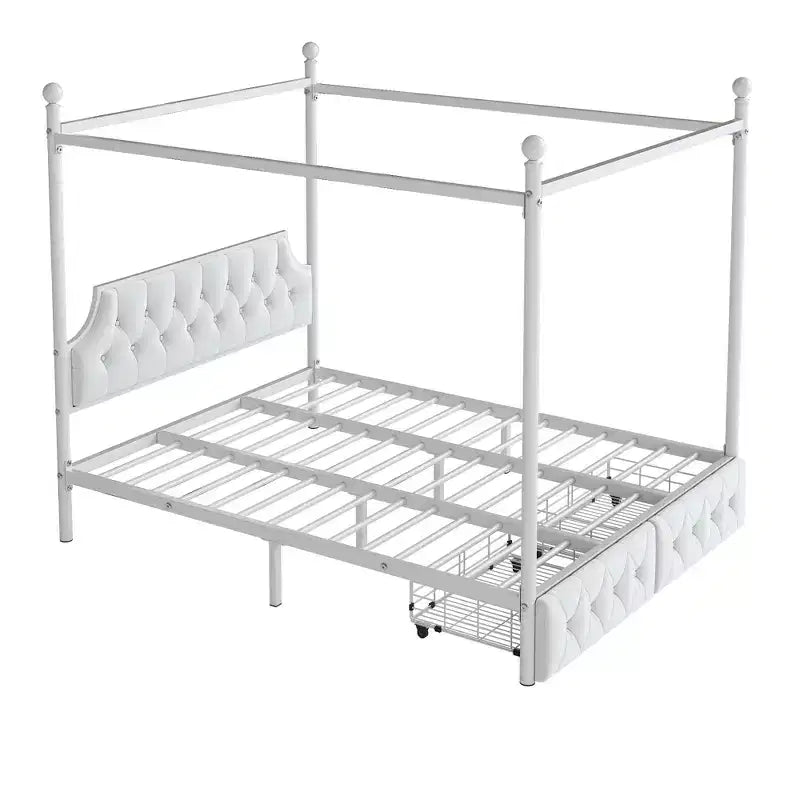 Cama de plataforma con dosel de metal moderna tamaño Queen con cabecero tapizado y 2 cajones, blanco
