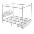 Cama de plataforma con dosel de metal moderna tamaño Queen con cabecero tapizado y 2 cajones, blanco