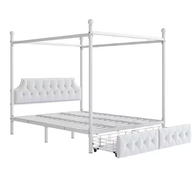 Cama de plataforma con dosel de metal moderna tamaño Queen con cabecero tapizado y 2 cajones, blanco