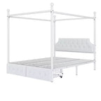 Cama de plataforma con dosel de metal moderna tamaño Queen con cabecero tapizado y 2 cajones, blanco