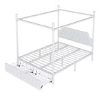 Cama de plataforma con dosel de metal moderna tamaño Queen con cabecero tapizado y 2 cajones, blanco