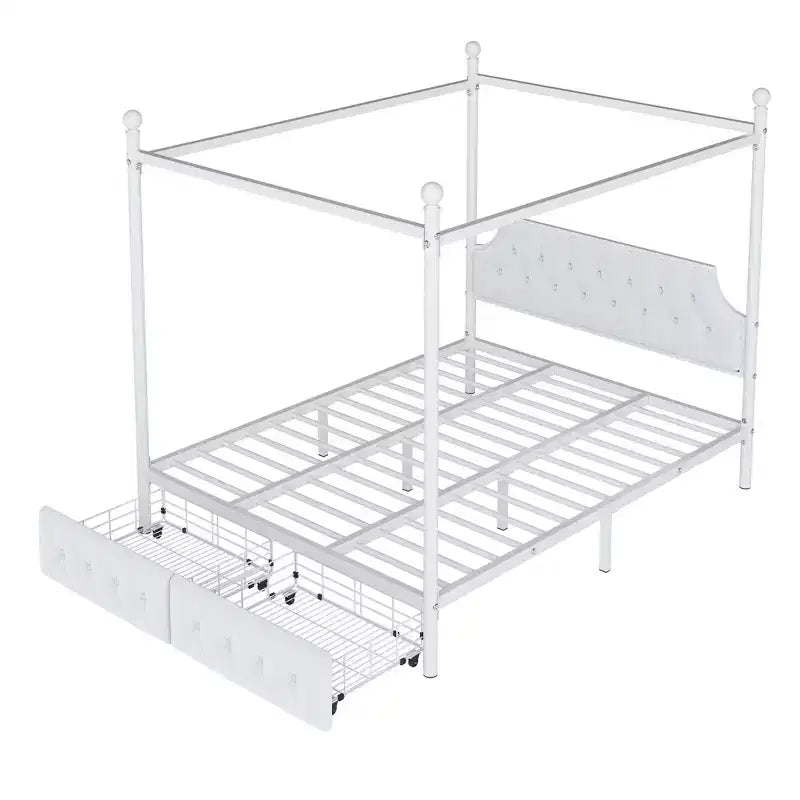 Cama de plataforma con dosel de metal moderna tamaño Queen con cabecero tapizado y 2 cajones, blanco