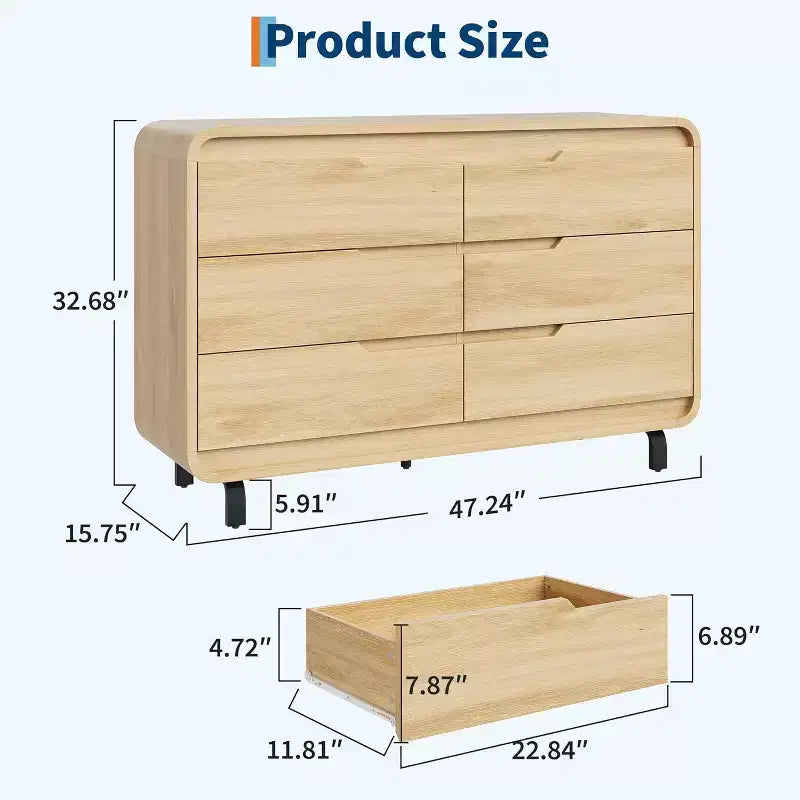 Cómoda de madera de 6 cajones con patas de metal y kit antivuelco, armario de almacenamiento con esquinas redondeadas