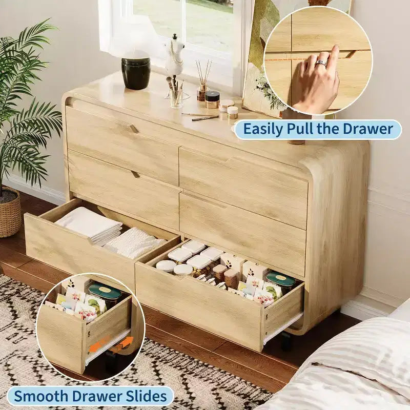 Cómoda de madera de 6 cajones con patas de metal y kit antivuelco, armario de almacenamiento con esquinas redondeadas