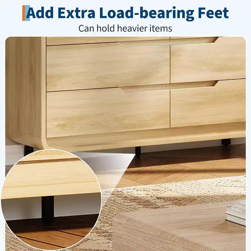 Cómoda de madera de 6 cajones con patas de metal y kit antivuelco, armario de almacenamiento con esquinas redondeadas