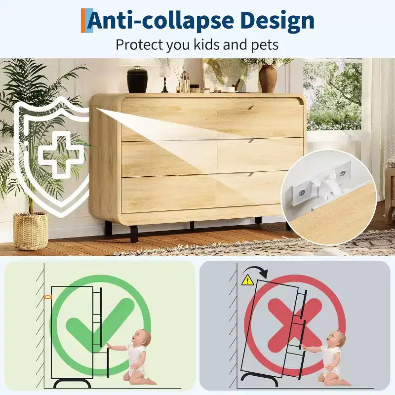 Cómoda de madera de 6 cajones con patas de metal y kit antivuelco, armario de almacenamiento con esquinas redondeadas