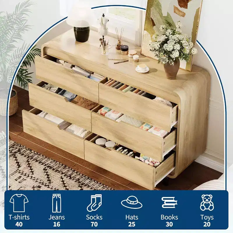 Cómoda de madera de 6 cajones con patas de metal y kit antivuelco, armario de almacenamiento con esquinas redondeadas