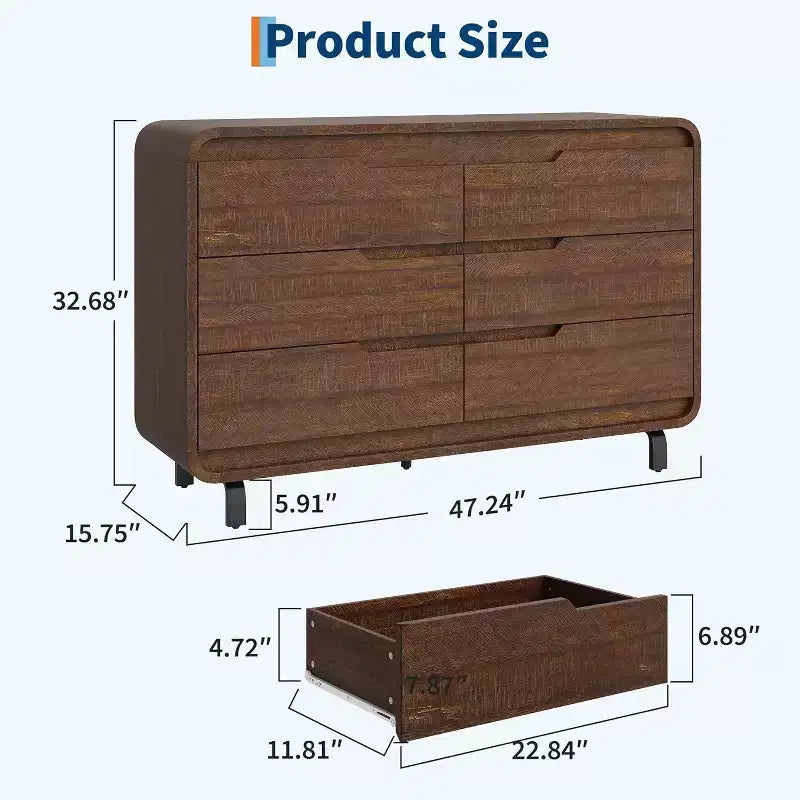 Cómoda de madera de 6 cajones con patas de metal y kit antivuelco, armario de almacenamiento con esquinas redondeadas