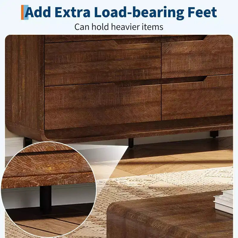 Cómoda de madera de 6 cajones con patas de metal y kit antivuelco, armario de almacenamiento con esquinas redondeadas