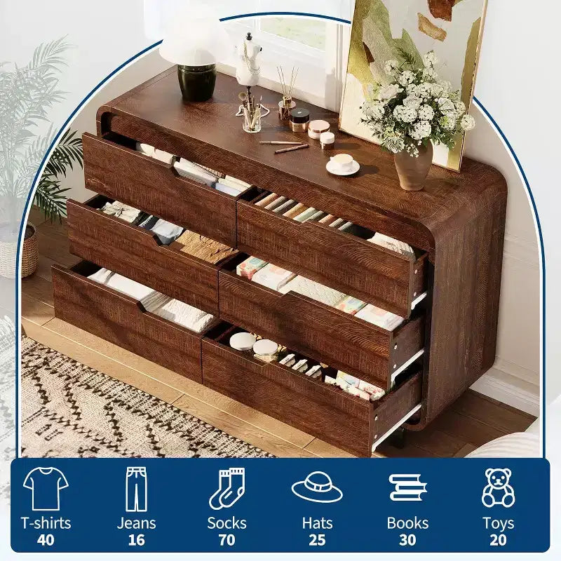 Cómoda de madera de 6 cajones con patas de metal y kit antivuelco, armario de almacenamiento con esquinas redondeadas