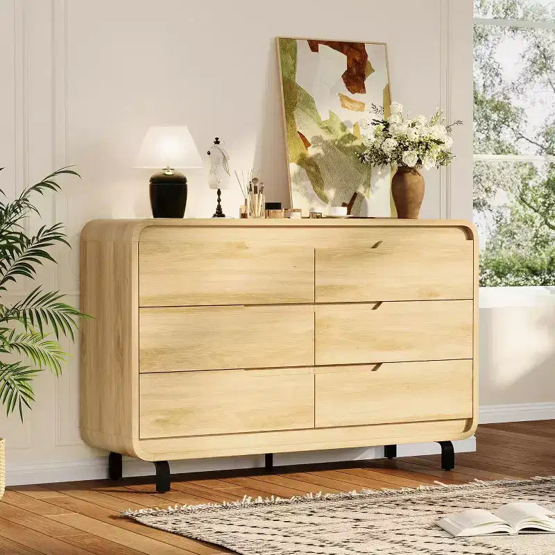Cómoda de madera de 6 cajones con patas de metal y kit antivuelco, armario de almacenamiento con esquinas redondeadas