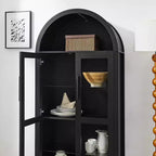 Armario de almacenamiento arqueado de 170 cm con lámpara LED, MDF negro y tabiques de cristal ajustables