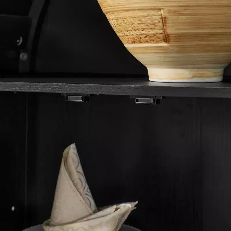 Armario de almacenamiento arqueado de 170 cm con lámpara LED, MDF negro y tabiques de cristal ajustables