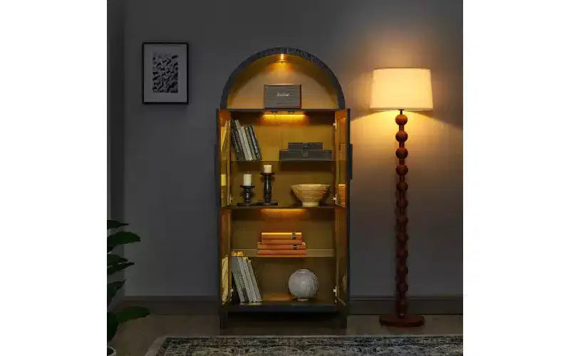 Armario de almacenamiento arqueado de 170 cm con lámpara LED, MDF negro y tabiques de cristal ajustables