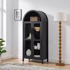 Armario de almacenamiento arqueado de 170 cm con lámpara LED, MDF negro y tabiques de cristal ajustables