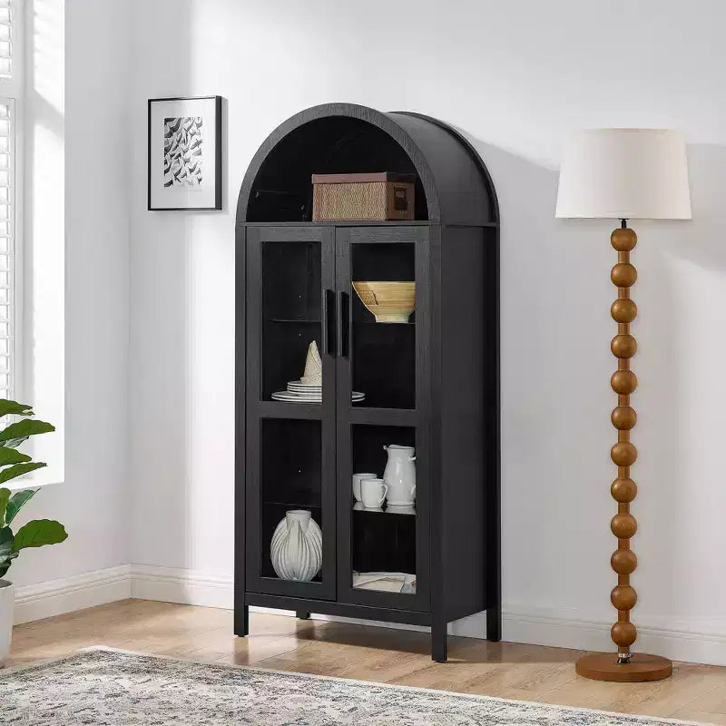 Armario de almacenamiento arqueado de 170 cm con lámpara LED, MDF negro y tabiques de cristal ajustables