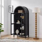 Armario de almacenamiento arqueado de 170 cm con lámpara LED, MDF negro y tabiques de cristal ajustables