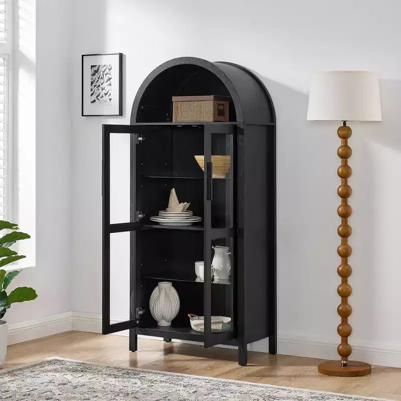Armario de almacenamiento arqueado de 170 cm con lámpara LED, MDF negro y tabiques de cristal ajustables