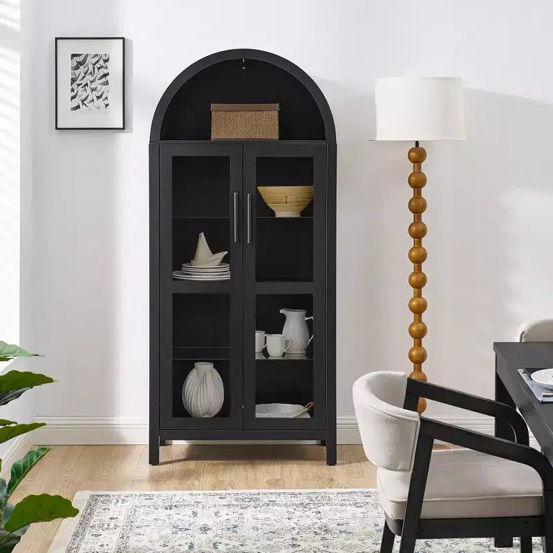 Armario de almacenamiento arqueado de 170 cm con lámpara LED, MDF negro y tabiques de cristal ajustables