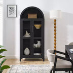 Armario de almacenamiento arqueado de 170 cm con lámpara LED, MDF negro y tabiques de cristal ajustables