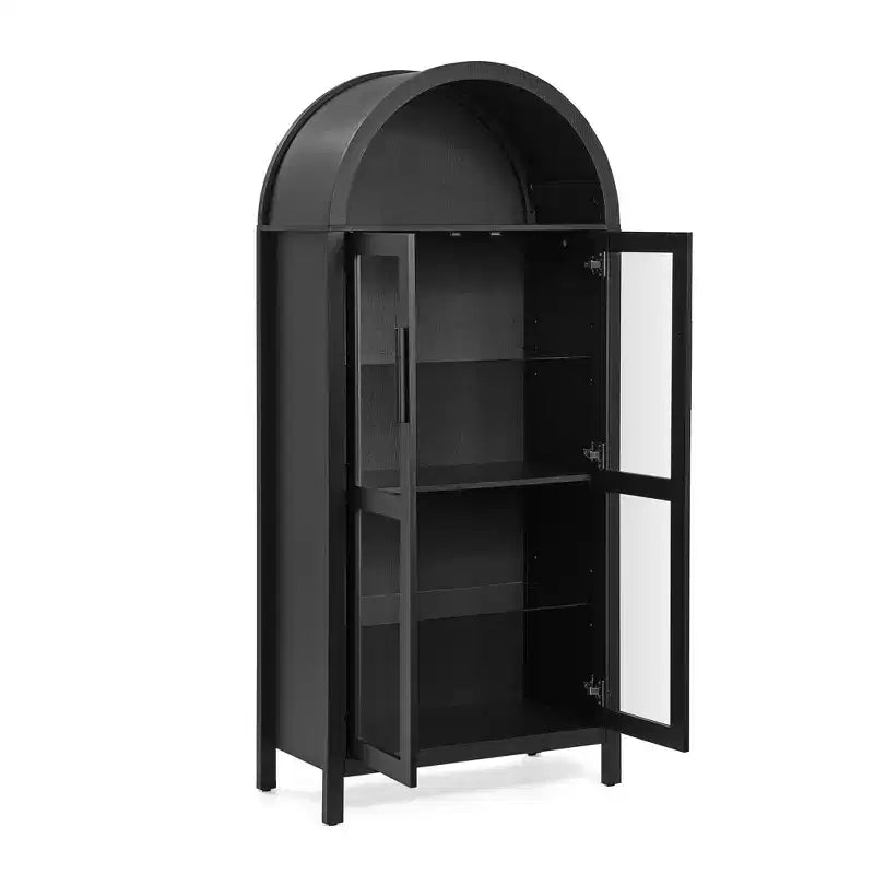 Armario de almacenamiento arqueado de 170 cm con lámpara LED, MDF negro y tabiques de cristal ajustables