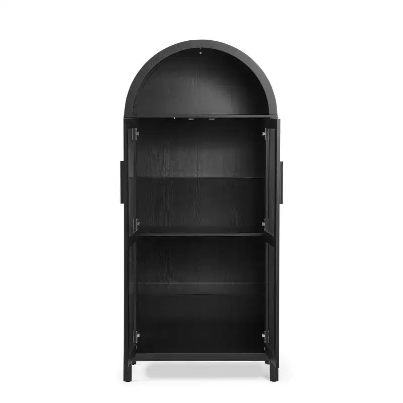 Armario de almacenamiento arqueado de 170 cm con lámpara LED, MDF negro y tabiques de cristal ajustables