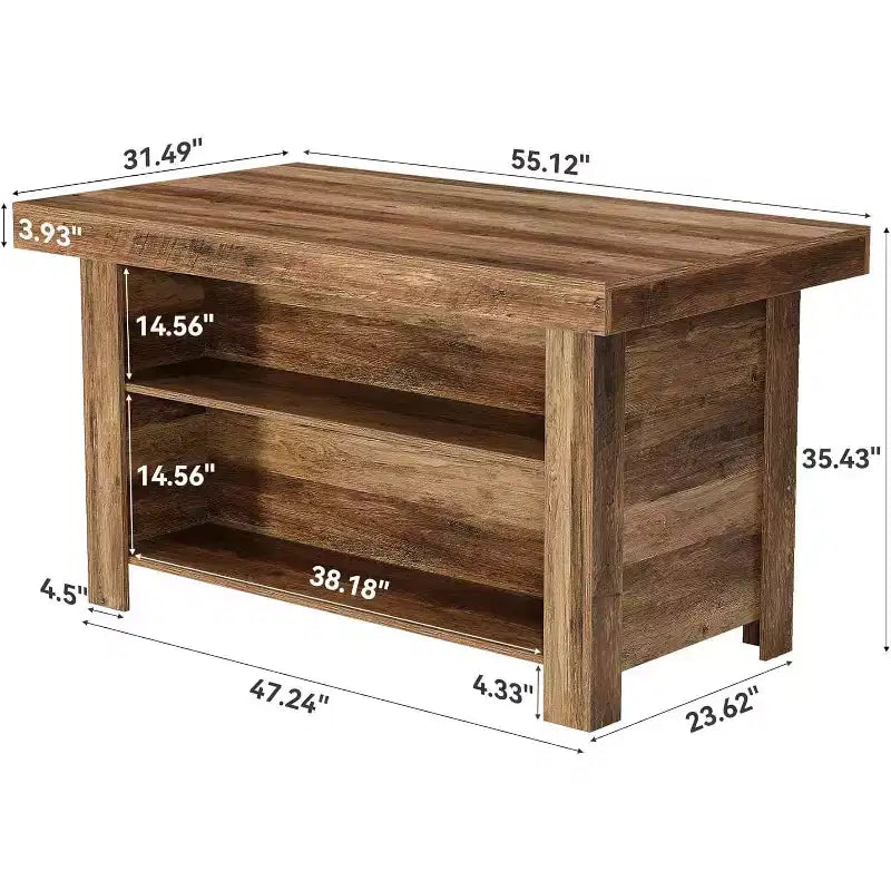 Isla de cocina de 55 pulgadas con almacenamiento, mesa de bar estacionaria de madera de 3 niveles, marrón rústico