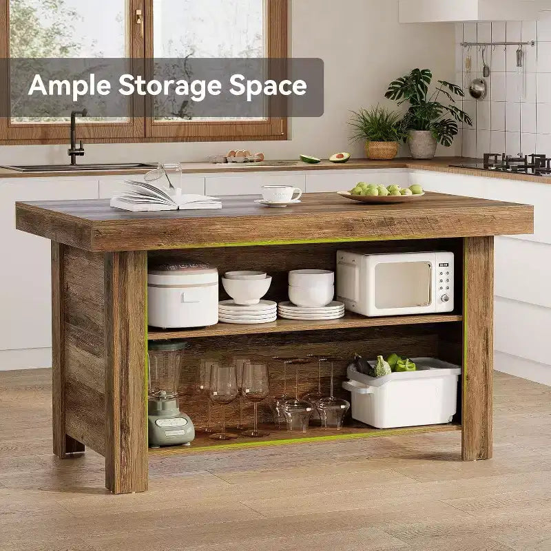 Isla de cocina de 55 pulgadas con almacenamiento, mesa de bar estacionaria de madera de 3 niveles, marrón rústico