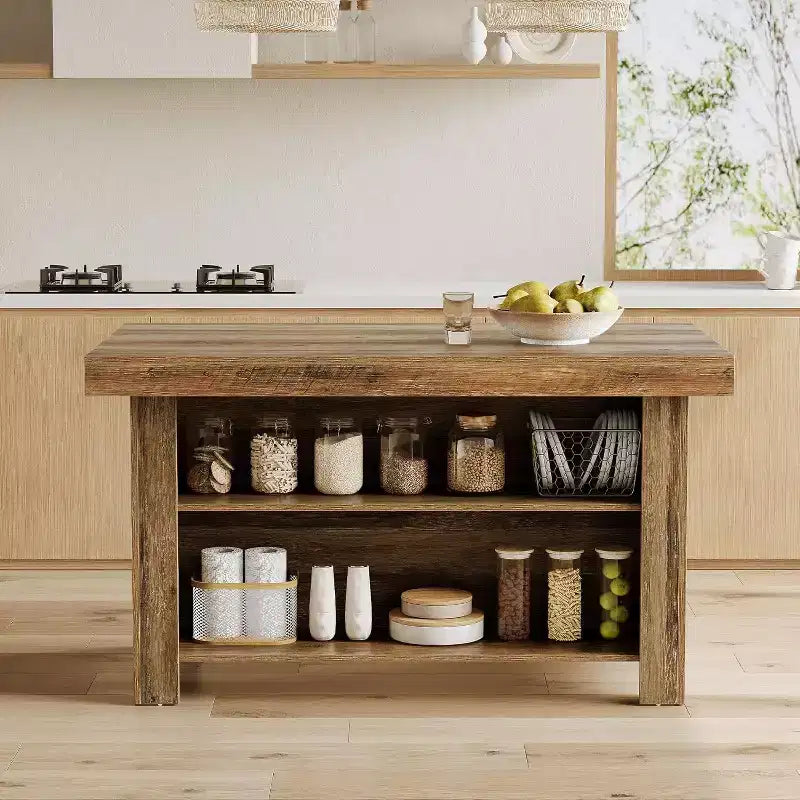 Isla de cocina de 55 pulgadas con almacenamiento, mesa de bar estacionaria de madera de 3 niveles, marrón rústico