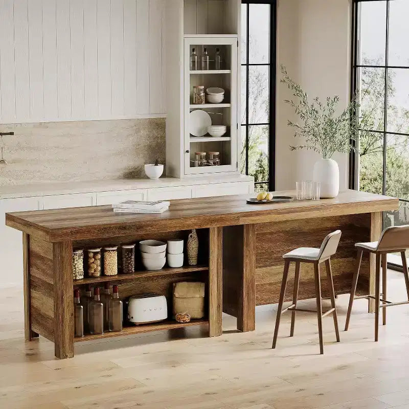 Isla de cocina de 55 pulgadas con almacenamiento, mesa de bar estacionaria de madera de 3 niveles, marrón rústico