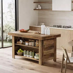 Isla de cocina de 55 pulgadas con almacenamiento, mesa de bar estacionaria de madera de 3 niveles, marrón rústico