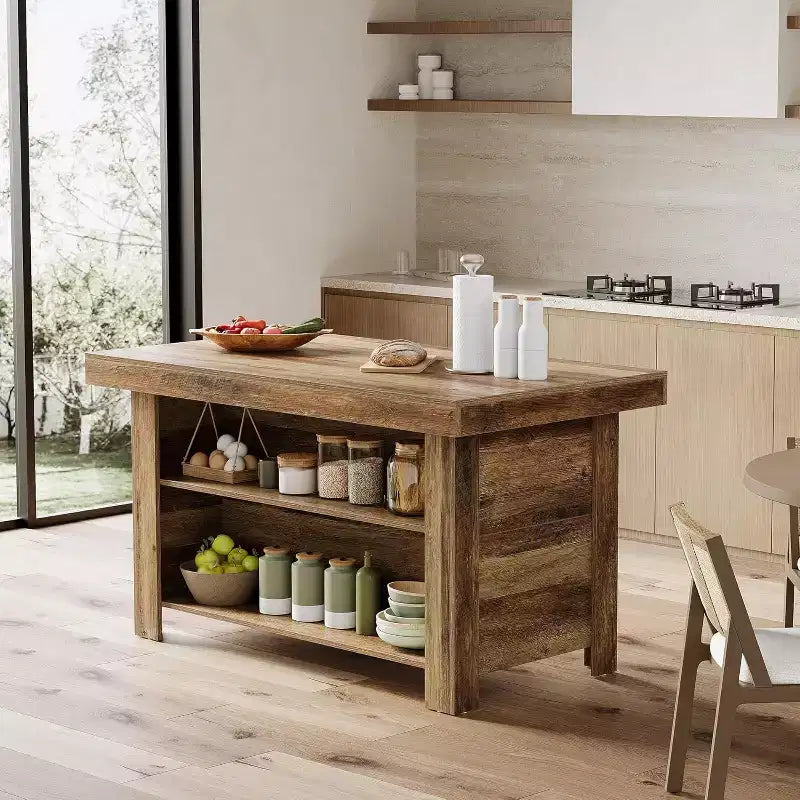 Isla de cocina de 55 pulgadas con almacenamiento, mesa de bar estacionaria de madera de 3 niveles, marrón rústico