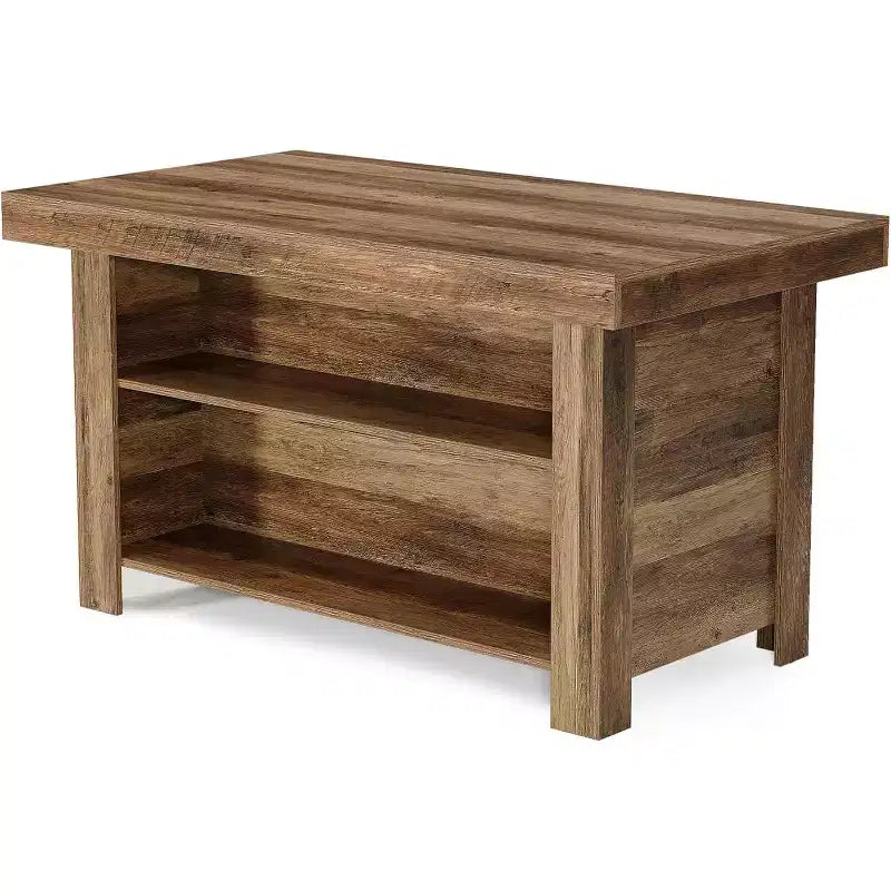 Isla de cocina de 55 pulgadas con almacenamiento, mesa de bar estacionaria de madera de 3 niveles, marrón rústico