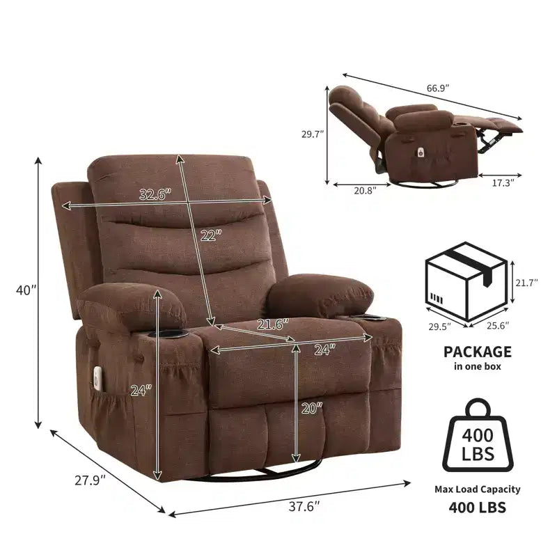 Reclinable balancín giratorio 360° de gran tamaño con masaje y calor - Sillón ergonómico con portavasos y bolsillos laterales para sala de estar, cuarto de bebé