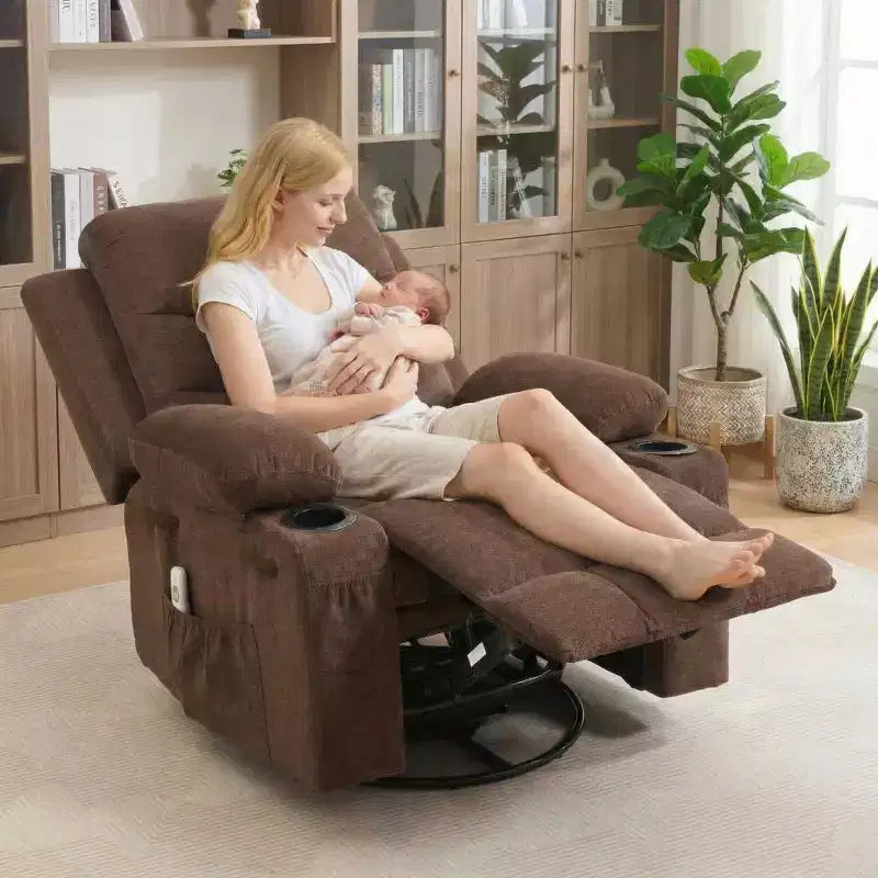 Reclinable balancín giratorio 360° de gran tamaño con masaje y calor - Sillón ergonómico con portavasos y bolsillos laterales para sala de estar, cuarto de bebé