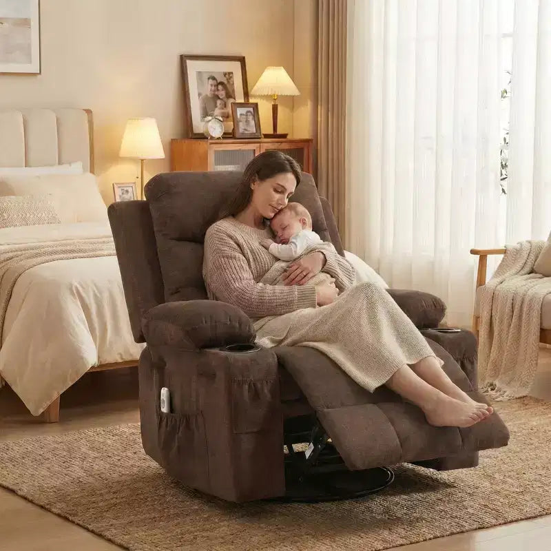 Reclinable balancín giratorio 360° de gran tamaño con masaje y calor - Sillón ergonómico con portavasos y bolsillos laterales para sala de estar, cuarto de bebé