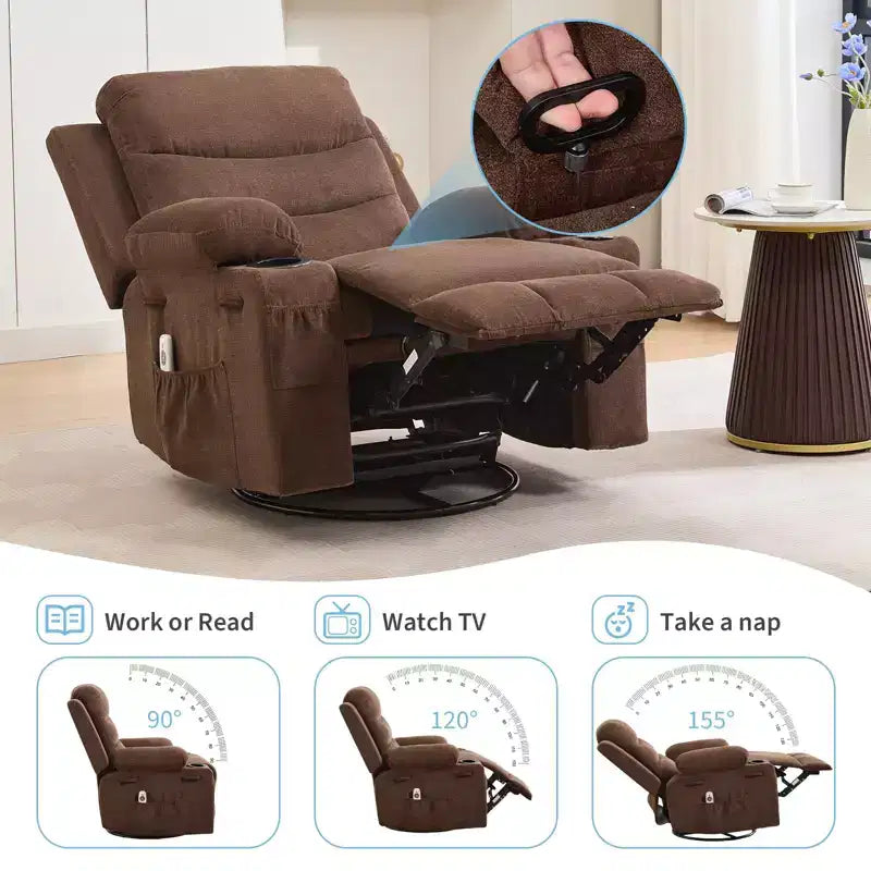 Reclinable balancín giratorio 360° de gran tamaño con masaje y calor - Sillón ergonómico con portavasos y bolsillos laterales para sala de estar, cuarto de bebé