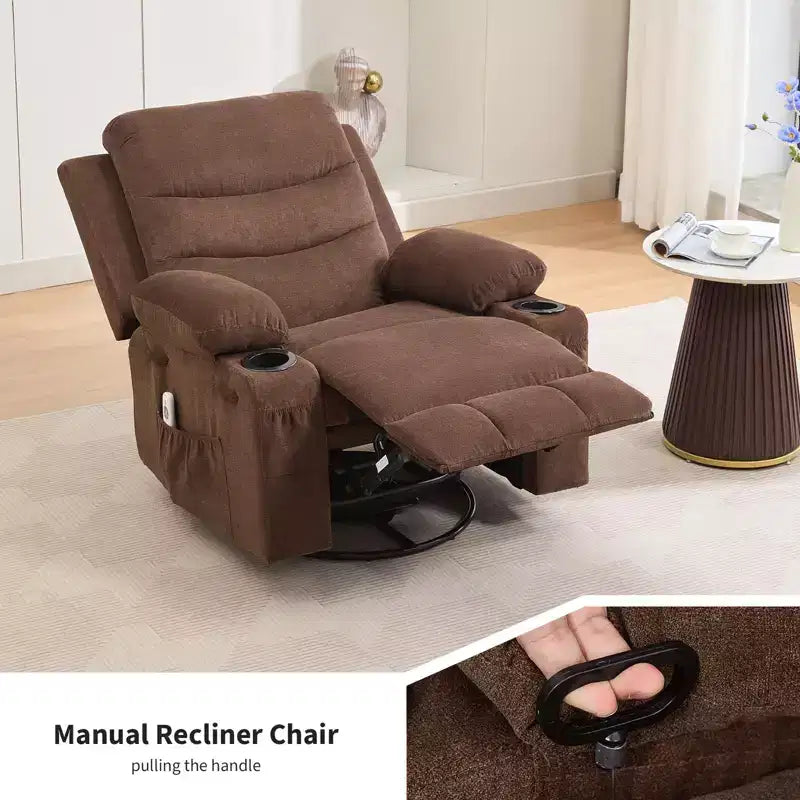 Reclinable balancín giratorio 360° de gran tamaño con masaje y calor - Sillón ergonómico con portavasos y bolsillos laterales para sala de estar, cuarto de bebé