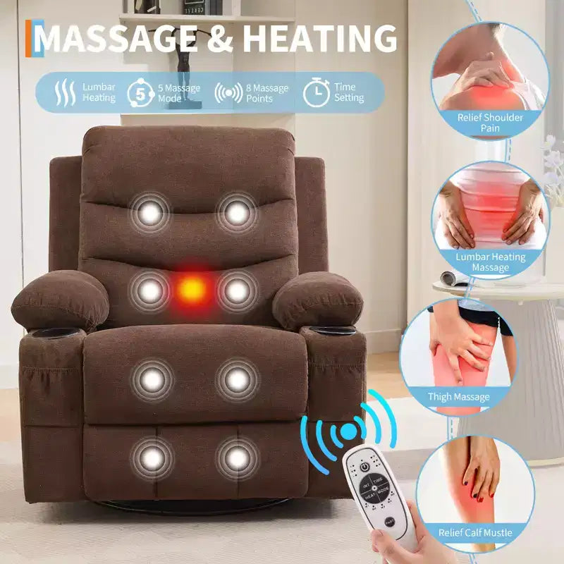 Reclinable balancín giratorio 360° de gran tamaño con masaje y calor - Sillón ergonómico con portavasos y bolsillos laterales para sala de estar, cuarto de bebé