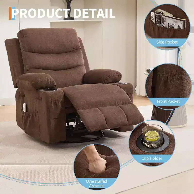 Reclinable balancín giratorio 360° de gran tamaño con masaje y calor - Sillón ergonómico con portavasos y bolsillos laterales para sala de estar, cuarto de bebé