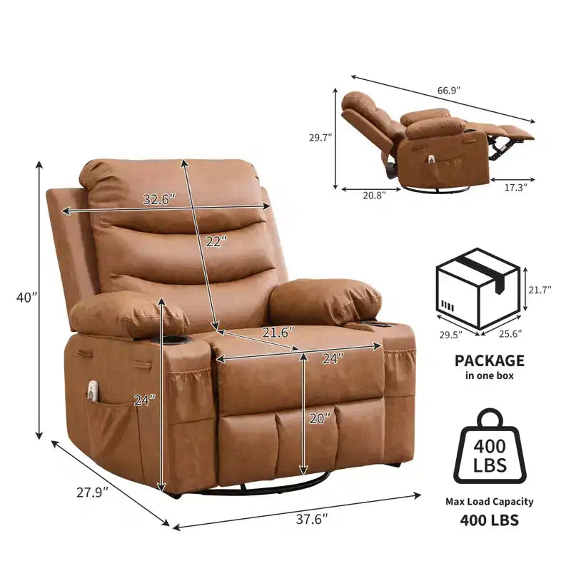 Reclinable balancín giratorio 360° de gran tamaño con masaje y calor - Sillón ergonómico con portavasos y bolsillos laterales para sala de estar, cuarto de bebé