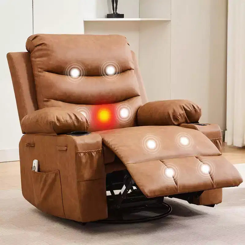Reclinable balancín giratorio 360° de gran tamaño con masaje y calor - Sillón ergonómico con portavasos y bolsillos laterales para sala de estar, cuarto de bebé
