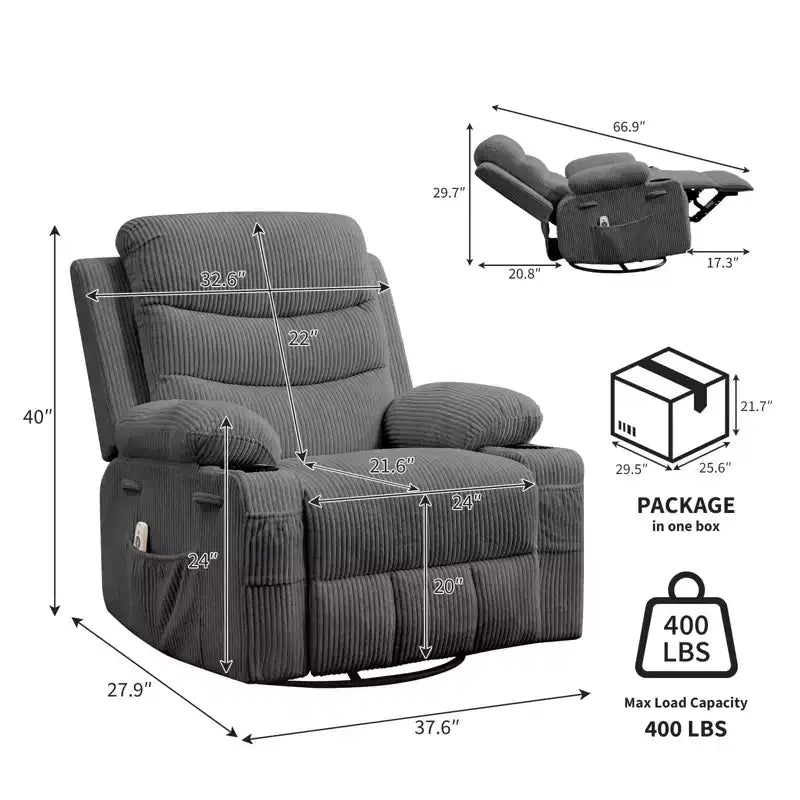 Reclinable balancín giratorio 360° de gran tamaño con masaje y calor - Sillón ergonómico con portavasos y bolsillos laterales para sala de estar, cuarto de bebé