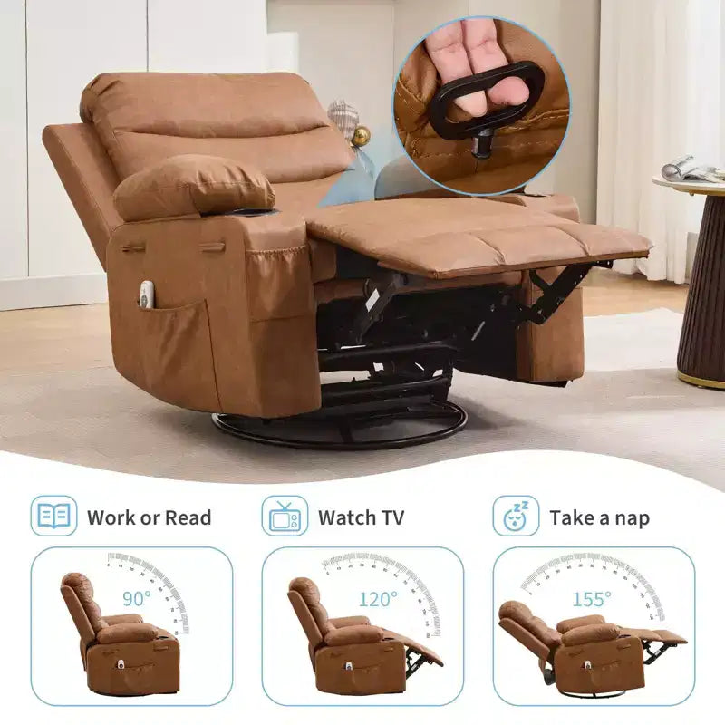 Reclinable balancín giratorio 360° de gran tamaño con masaje y calor - Sillón ergonómico con portavasos y bolsillos laterales para sala de estar, cuarto de bebé