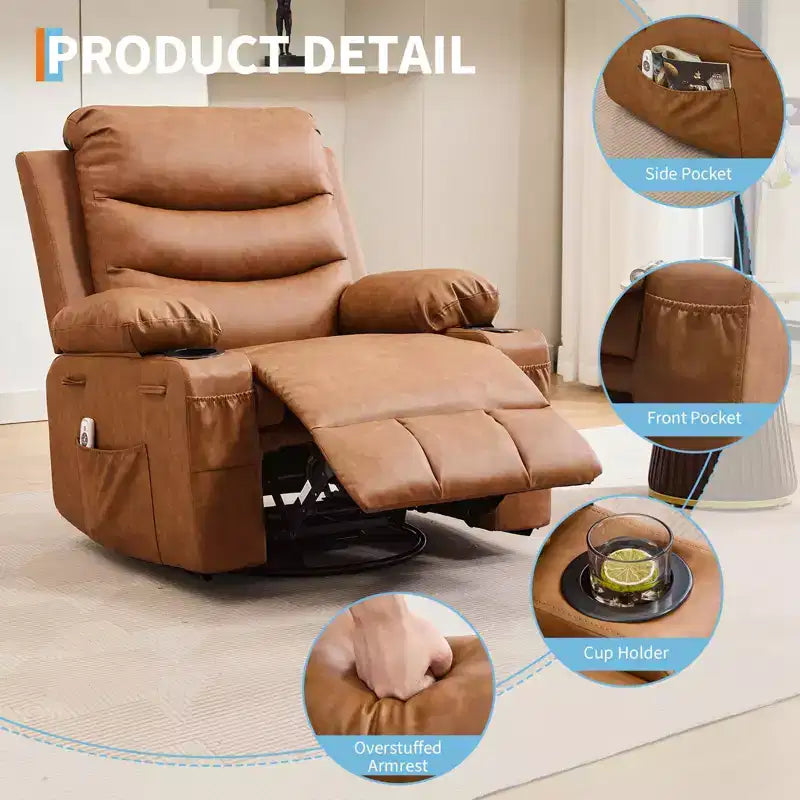 Reclinable balancín giratorio 360° de gran tamaño con masaje y calor - Sillón ergonómico con portavasos y bolsillos laterales para sala de estar, cuarto de bebé