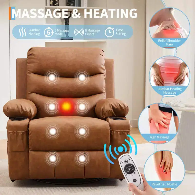 Reclinable balancín giratorio 360° de gran tamaño con masaje y calor - Sillón ergonómico con portavasos y bolsillos laterales para sala de estar, cuarto de bebé