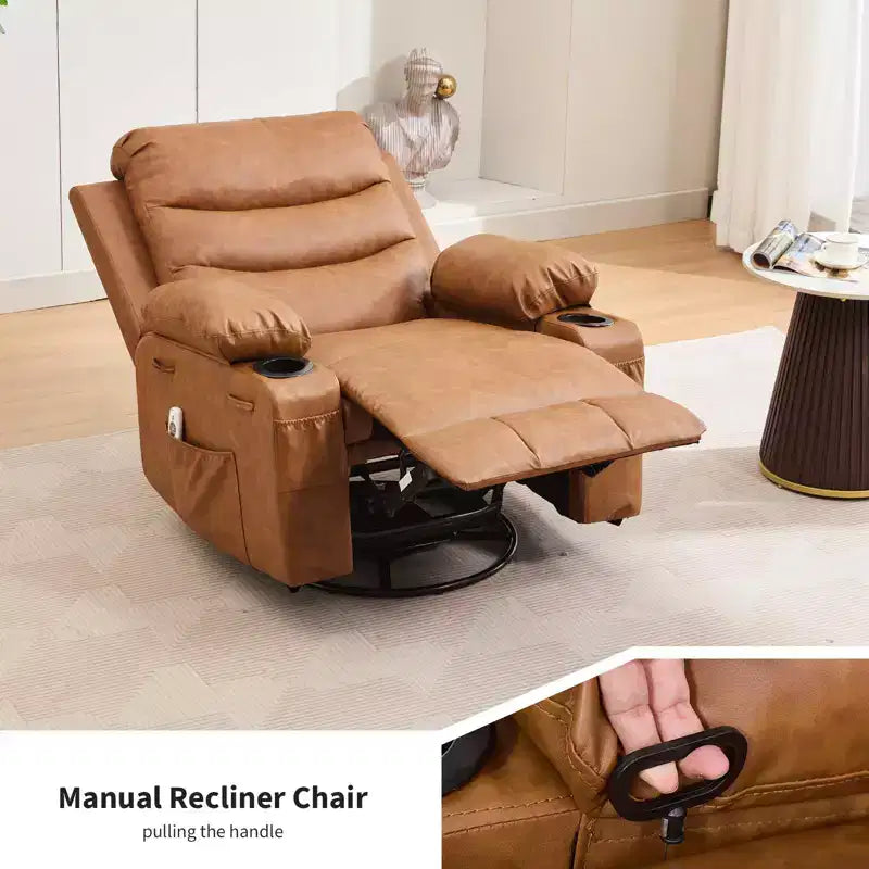 Reclinable balancín giratorio 360° de gran tamaño con masaje y calor - Sillón ergonómico con portavasos y bolsillos laterales para sala de estar, cuarto de bebé